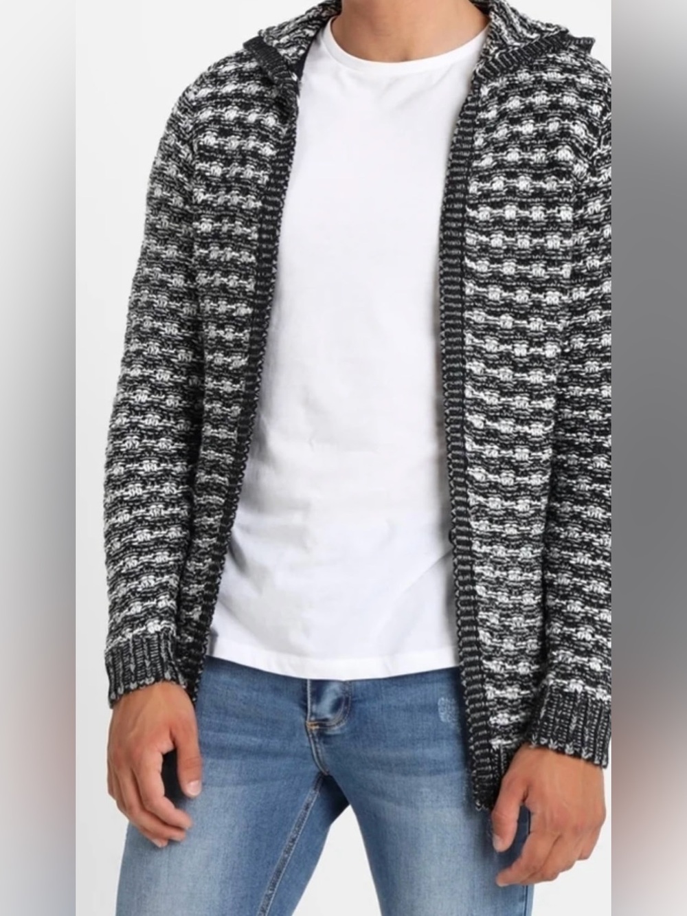 Only & Sons Chunky Knit Black White Mottled Grey Hooded Pockets Cardigan Sweater
